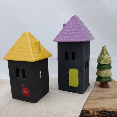 handmade ceramic black tea light holder house with tile roof