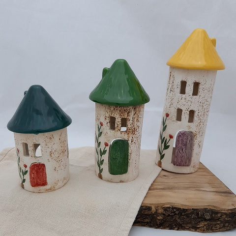 handmade ceramic tea light holder round colorful house